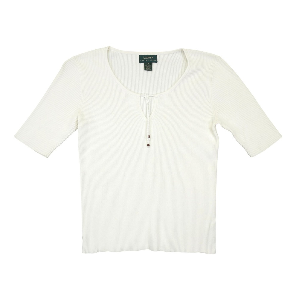 Vintage Lauren Ralph Lauren Top Women M White Ribbed Split Neck Elbow Boho